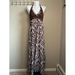 My Michelle Brown White Leaf Print Halter Neck Empire Waist Maxi Dress S Prom